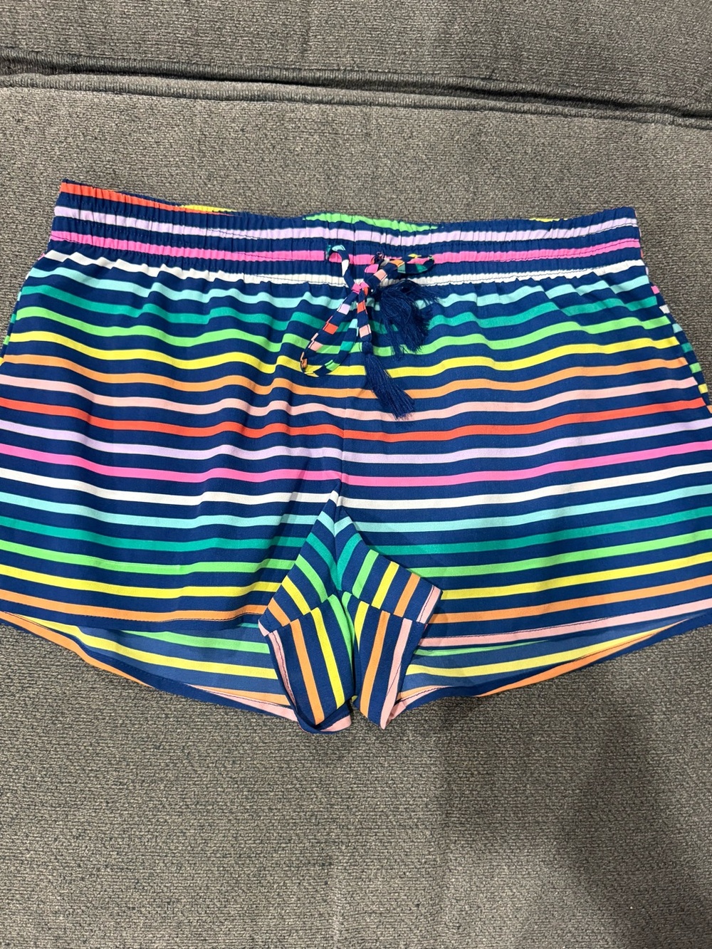 City Streets Multicolor Rainbow Stripe Athletic Shorts with Navy Drawstring